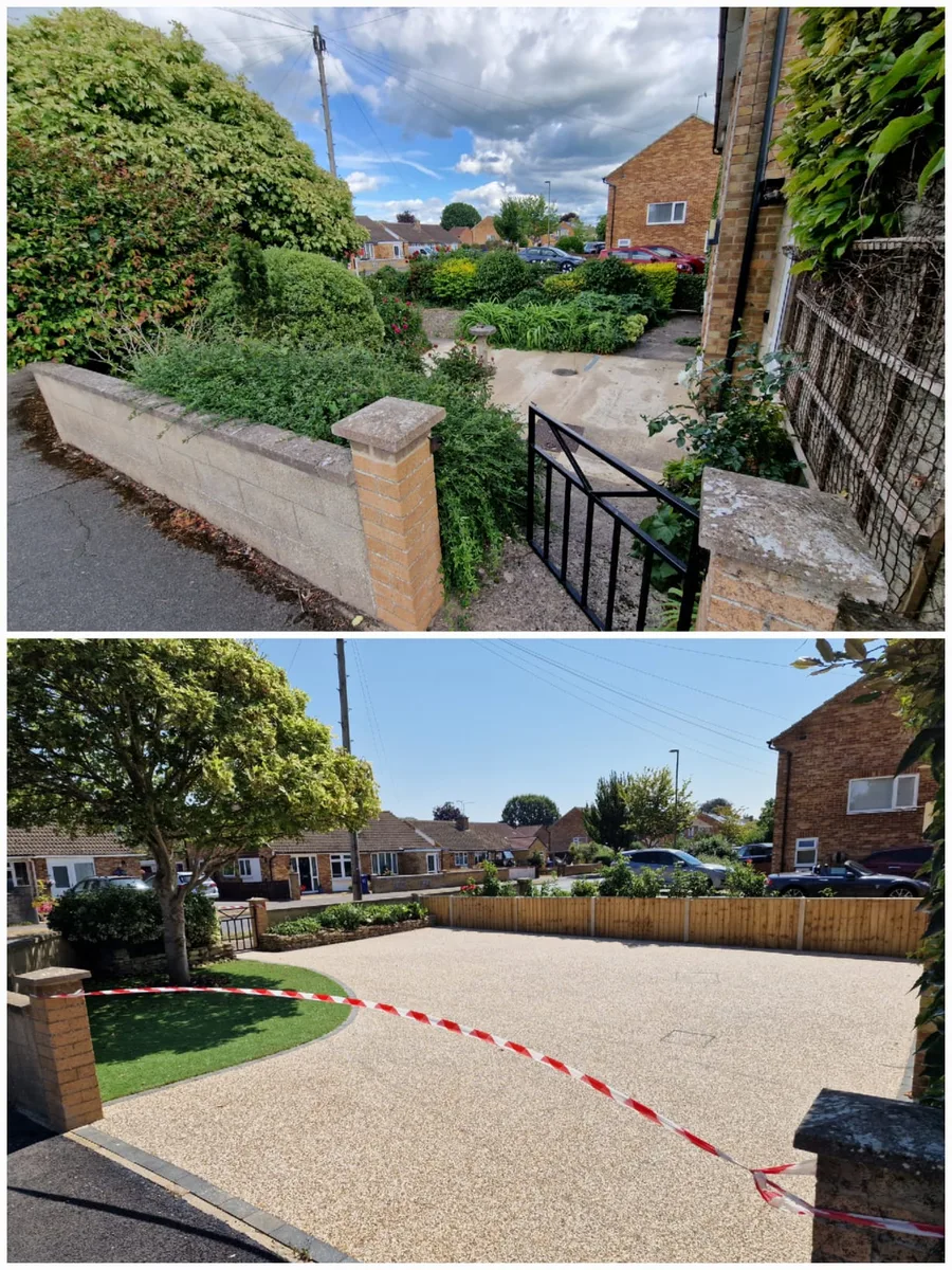 Before and after the Bicester resin driveway, viewed from the garden entrance