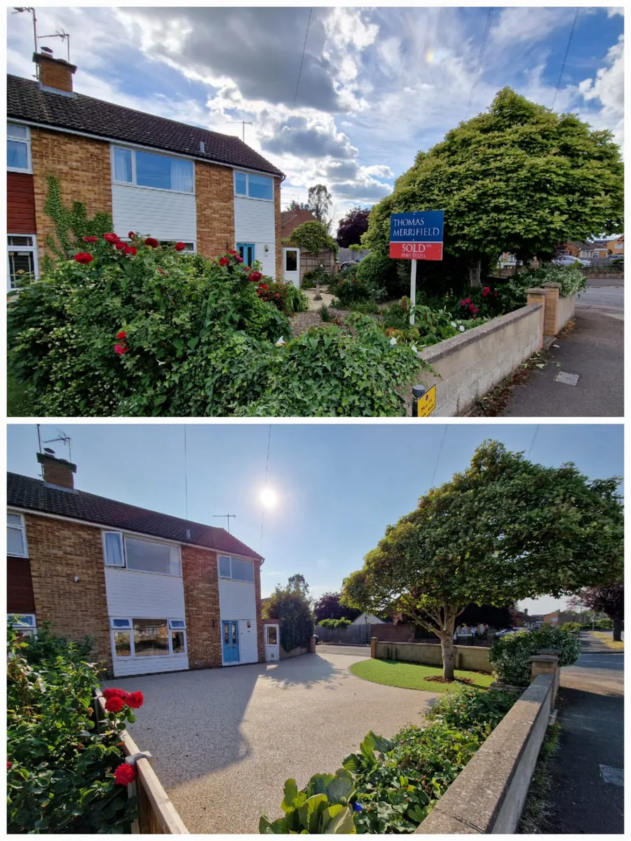Bicester front garden before work and completed resin driveway beside the house