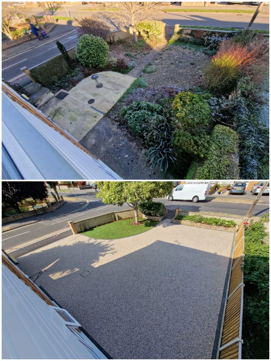 Overhead before-and-after views of the garden converted to a resin-bound driveway in Bicester